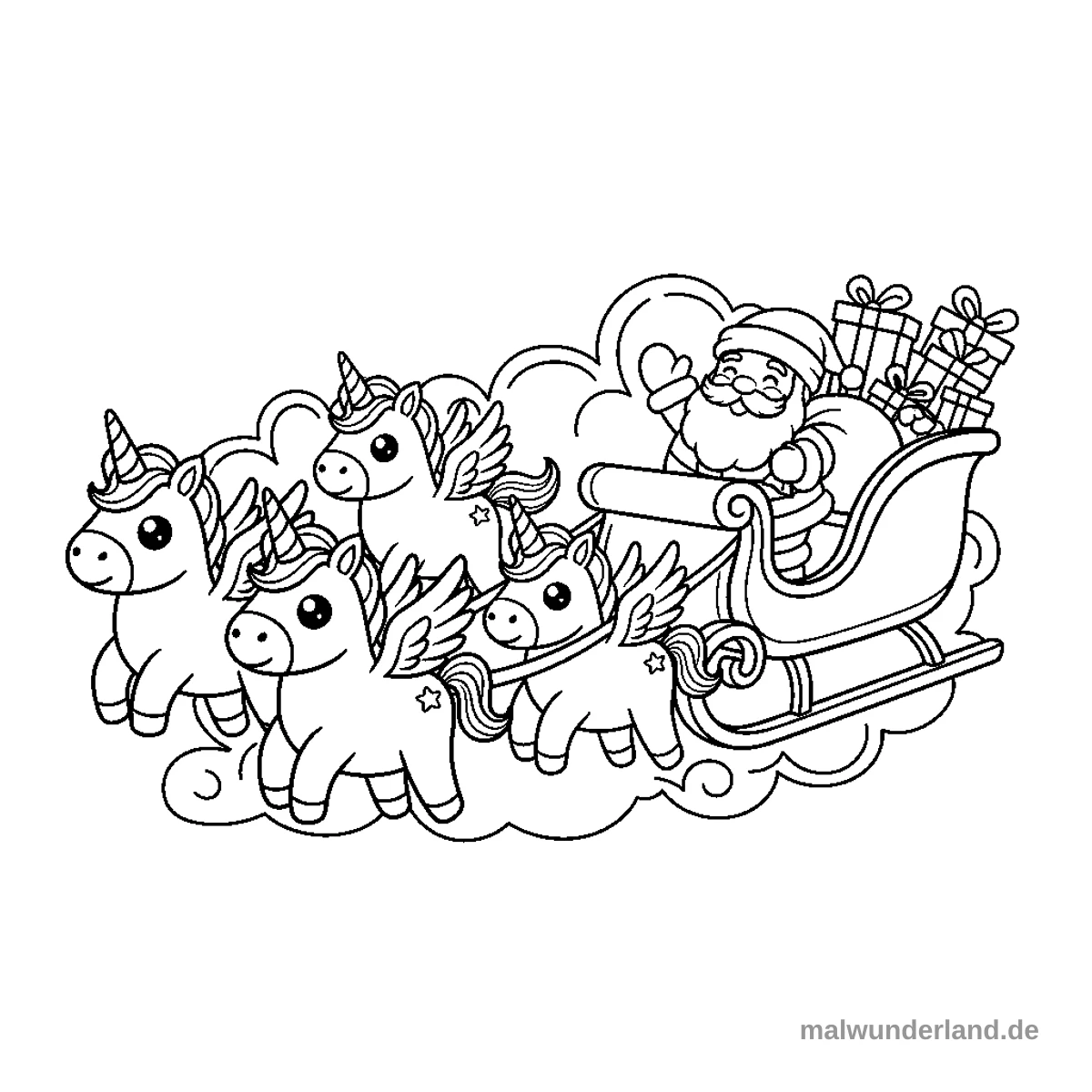 Pegasus hilft dem Weihnachtsmann - Kostenloses Ausmalbild zum Ausdrucken