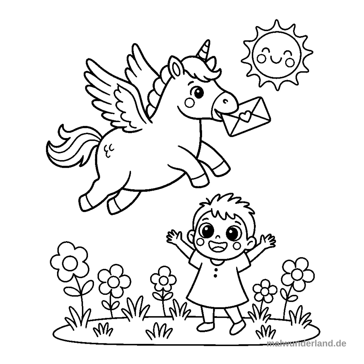 Pegasus mit Brief - Kostenloses Ausmalbild zum Ausdrucken