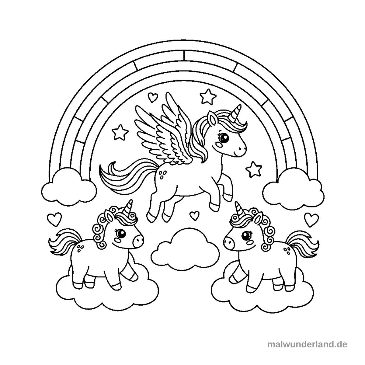 Pegasus und Regenbogen - Kostenloses Ausmalbild zum Ausdrucken