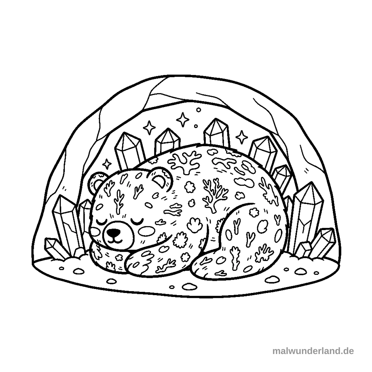 Ein Bär, dessen Fell aus Moos und Flechten besteht. Er schläft in einer Höhle, die mit Kristallen geschmückt ist.