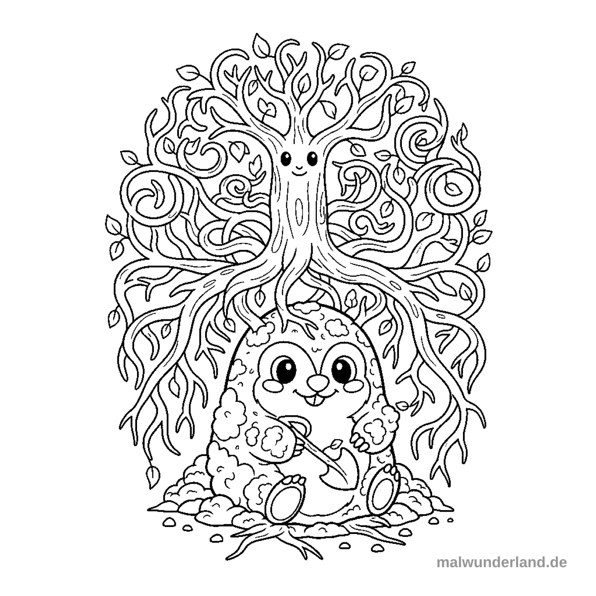 Ein Maulwurf, dessen Fell aus Erde und Wurzeln besteht. Er gräbt unter einem Baum, dessen Wurzeln wie ein Labyrinth sind.