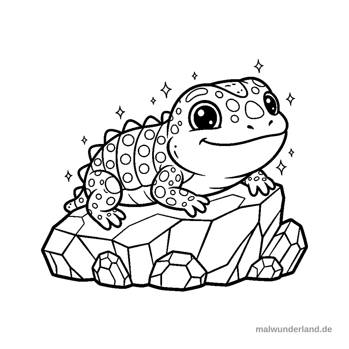 Eine Echse, deren Schuppen aus glühendem Metall bestehen. Sie sonnt sich auf einem Felsen aus Obsidian.