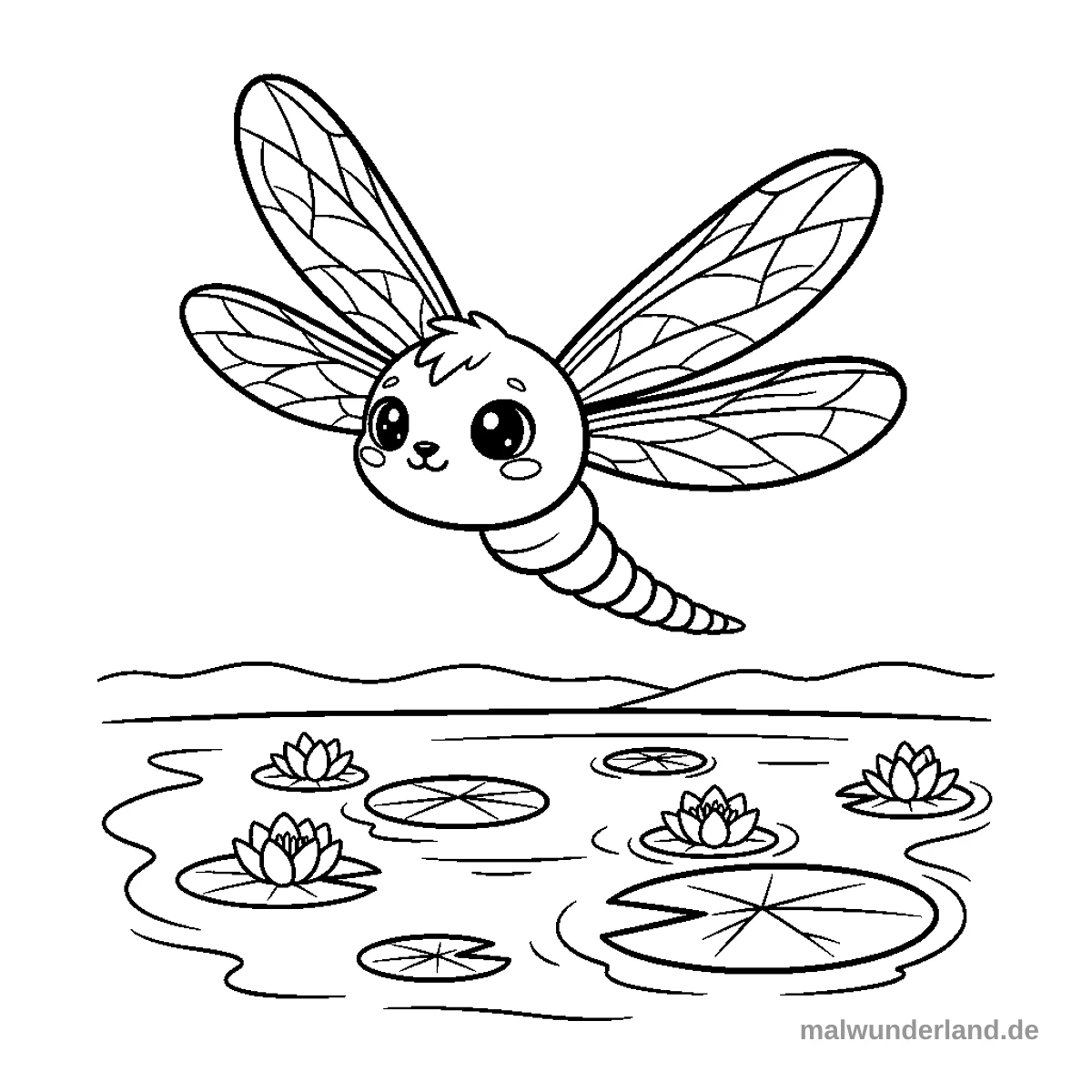 Eine Libelle, deren Flügel aus durchscheinenden Blättern bestehen. Sie fliegt über einen See, auf dem Seerosen blühen.