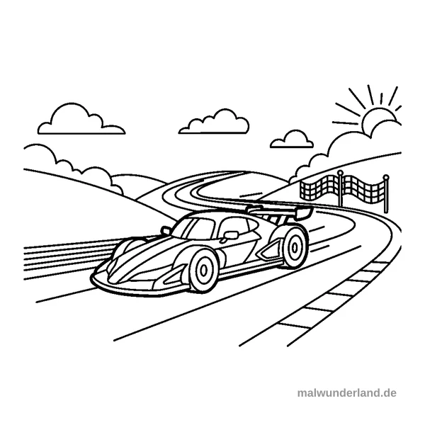 Rennauto auf der Strecke - Kostenloses Ausmalbild zum Ausdrucken