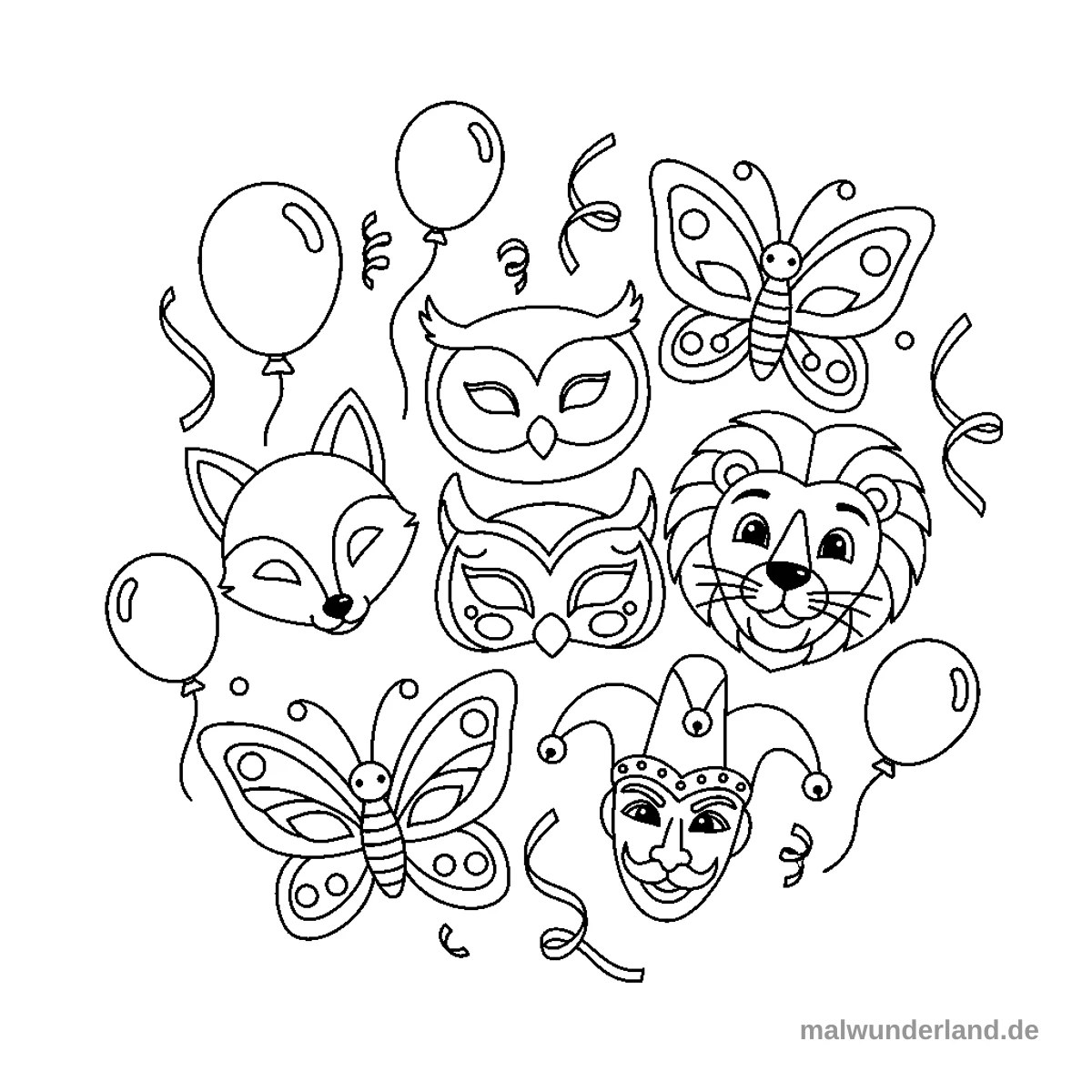 Das Bild zeigt eine kreisförmige Anordnung verschiedener Masken und Partydekorationen als Ausmalbild. Es sind Tiergesichtsmasken wie ein Fuchs, zwei Eulen, ein Löwe und zwei Schmetterlinge sowie eine Harlekin-Maske zu sehen, umgeben von Luftballons und Konfetti-Bändern.