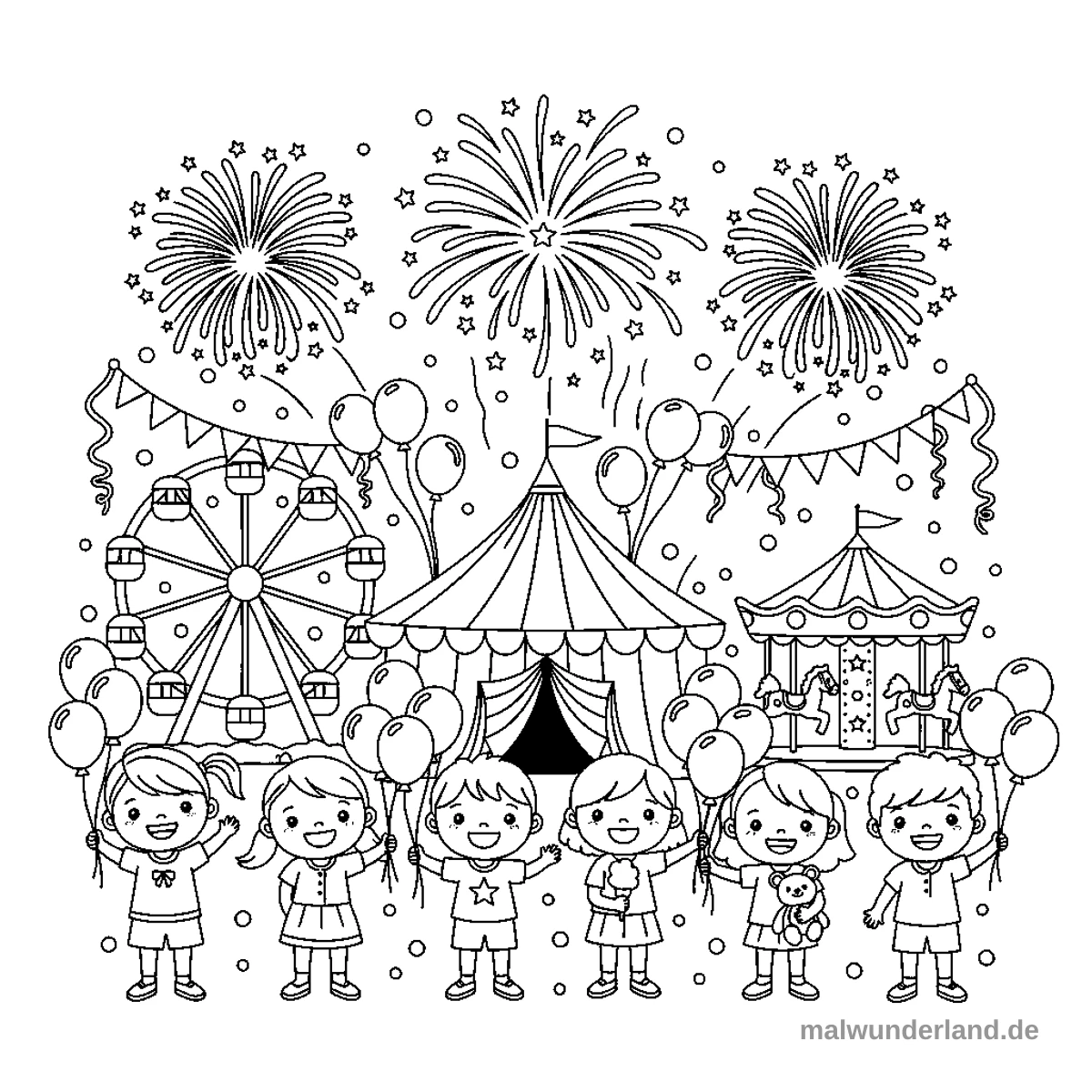 Das Ausmalbild zeigt eine fröhliche Rummelplatzszene mit einem Riesenrad, einem großen Zirkuszelt und einem Karussell, über denen drei Feuerwerke den Himmel erhellen. Im Vordergrund stehen sechs lachende Kinder, die jeweils Ballons halten; eine trägt Eis, eine andere einen Teddybär.
