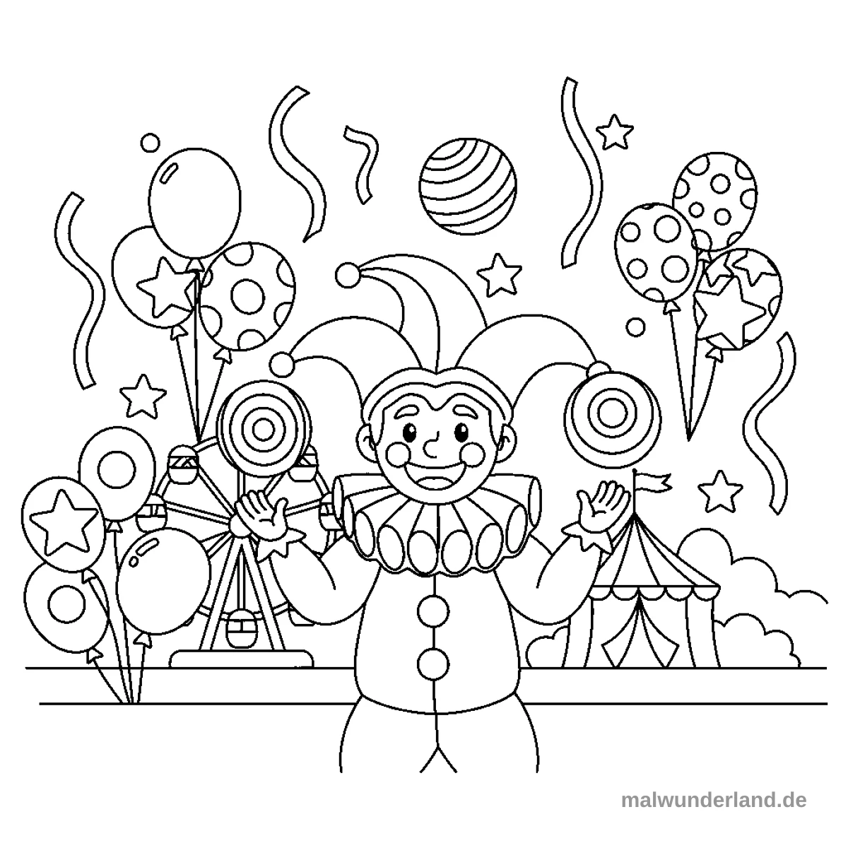 Das Ausmalbild zeigt einen lächelnden Jongleur oder Clown in festlicher Kleidung mit Narrenkappe und Kragen. Er ist umgeben von einer fröhlichen Karnevals- oder Zirkusszene mit zahlreichen Luftballons, Konfetti, einem Riesenrad und einem Zirkuszelt.