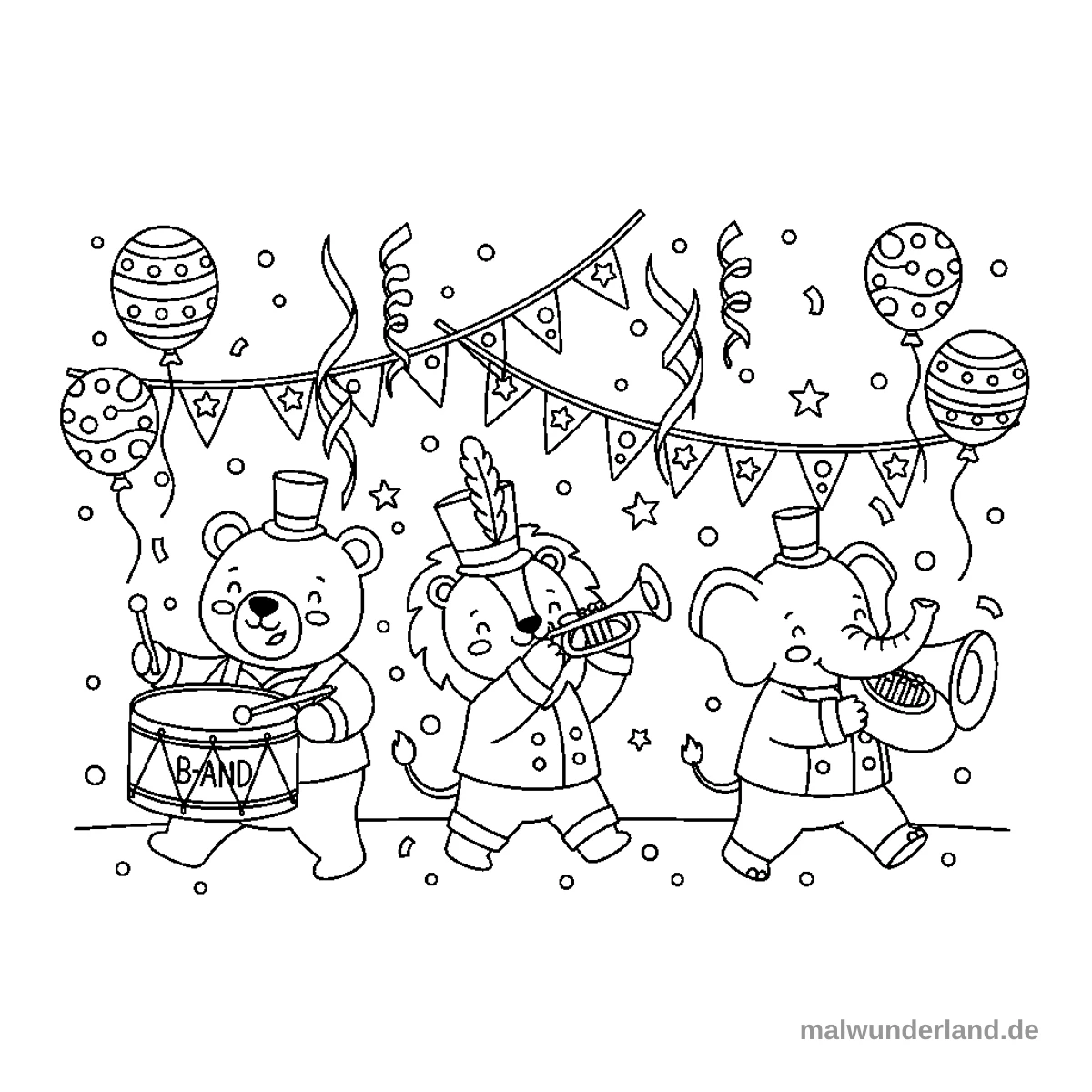 Ein Ausmalbild zeigt drei Tiere – einen Bären, einen Löwen und einen Elefanten – die als Marschkapelle musizieren und marschieren. Über ihnen schweben festliche Luftballons und bunte Wimpelketten, umgeben von Konfetti und Sternen.