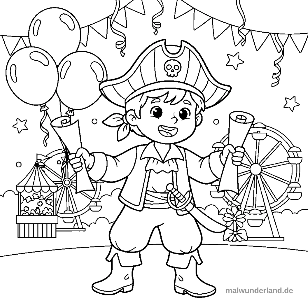 Das Ausmalbild zeigt einen fröhlichen Jungen im Piratenkostüm, der in jeder Hand eine aufgerollte Schatzkarte hält. Im Hintergrund ist ein lebhaftes Jahrmarkt- oder Karnevalsgelände mit Fahrgeschäften, Ballons und Festdekorationen zu sehen.