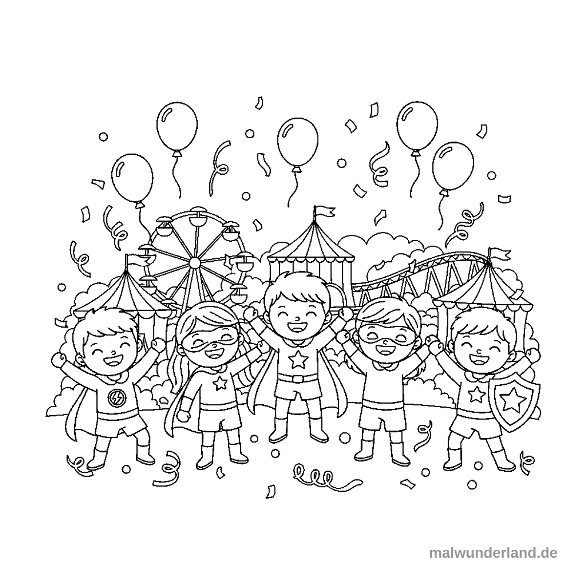 Das Bild zeigt fünf fröhliche Kinder in Superhelden-Kostümen mit Umhängen und Masken, die ihre Arme jubelnd in die Höhe strecken. Im Hintergrund ist ein Jahrmarkt mit einem Riesenrad, Zirkuszelten und einer Achterbahn zu sehen, umgeben von schwebenden Luftballons, Konfetti und Luftschlangen.