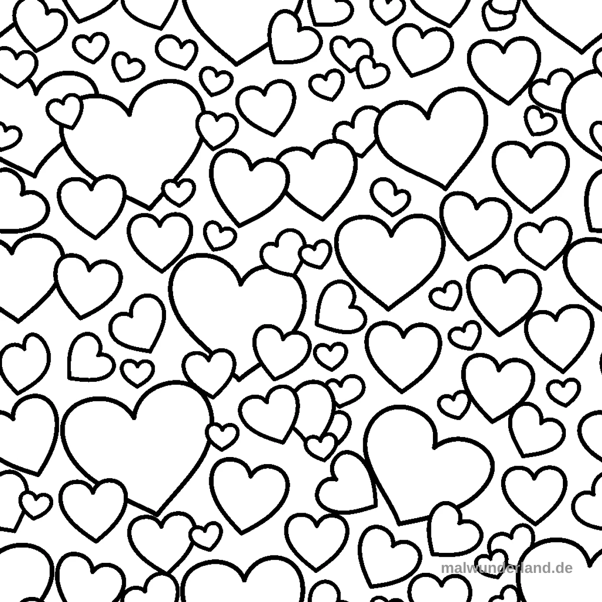 Das Bild zeigt ein dichtes, sich wiederholendes Muster aus vielen Herzen unterschiedlicher Größen. Alle Herzen sind als schwarze Umrisse auf einem weißen Hintergrund dargestellt und sind innen leer.