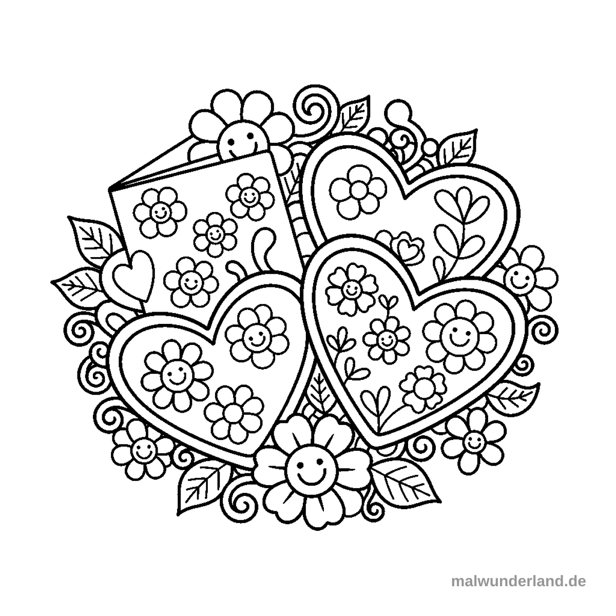Herzkarten und Blumen - Kostenloses Ausmalbild zum Ausdrucken