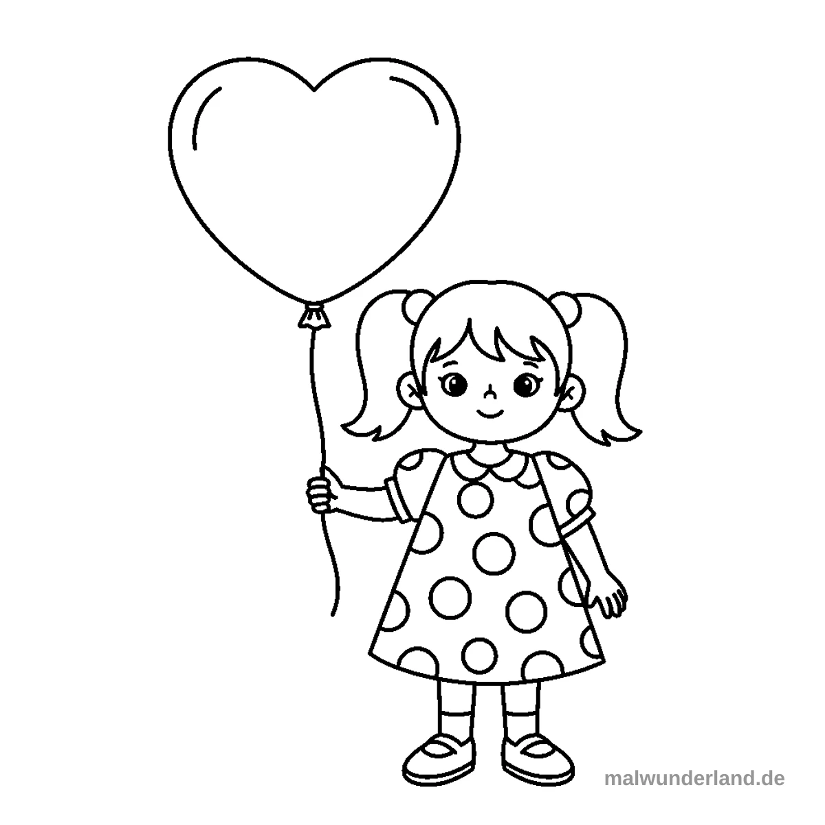 Mädchen mit Herzballon - Kostenloses Ausmalbild zum Ausdrucken