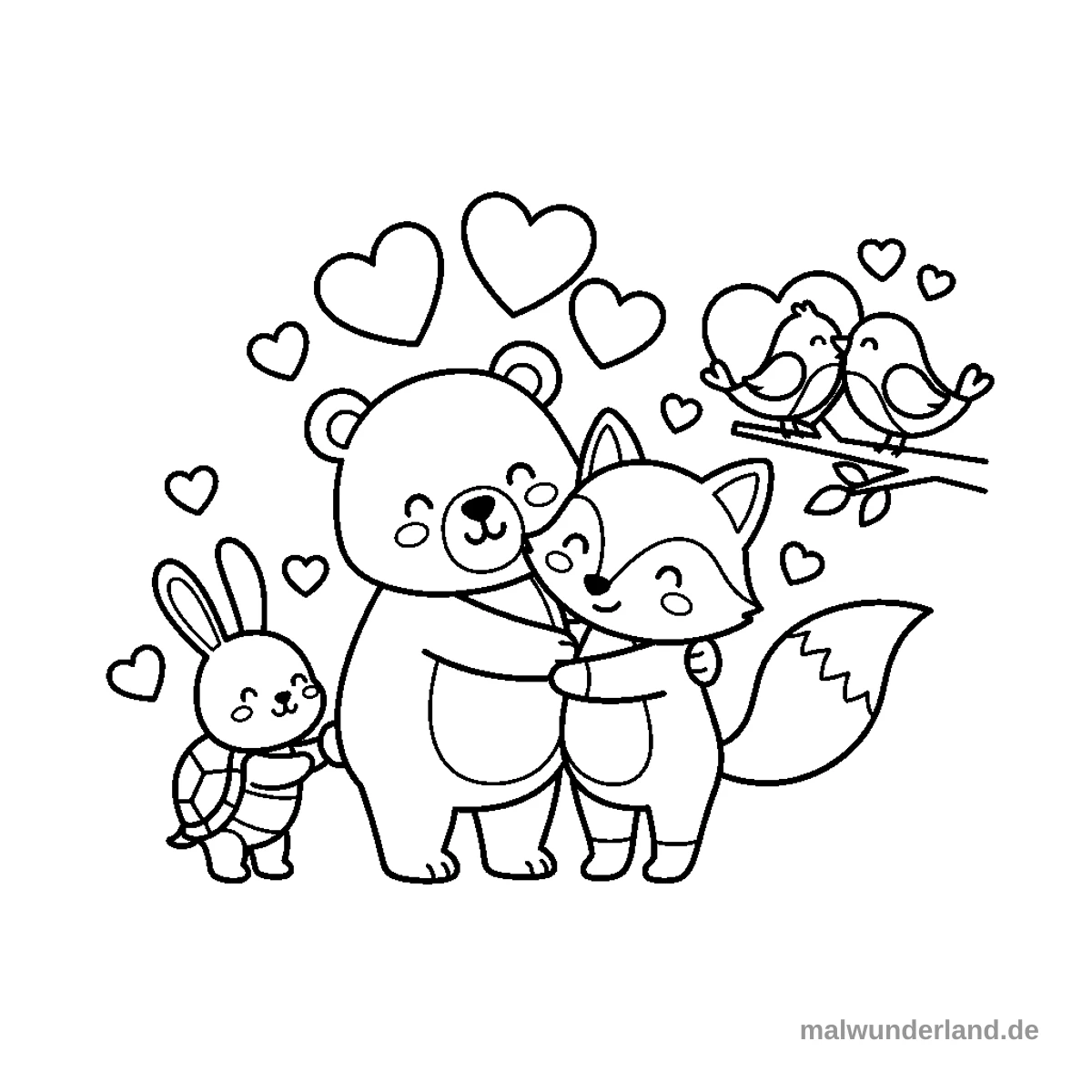 Verliebte Tiere - Kostenloses Ausmalbild zum Ausdrucken