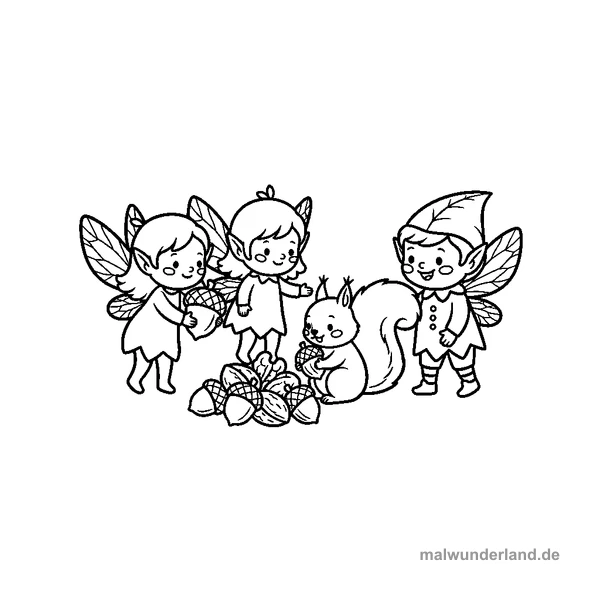 Feen & Elfen - Elfe mit Eichhörnchen und Nüssen