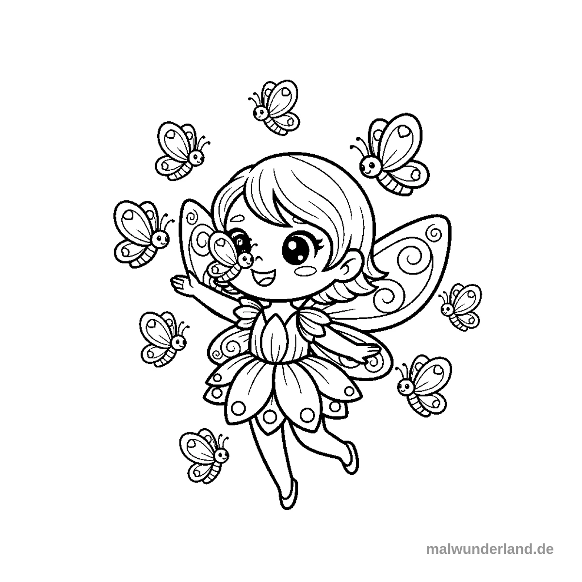 Die tanzende Fee mit Schmetterlingen - Kostenloses Ausmalbild zum Ausdrucken