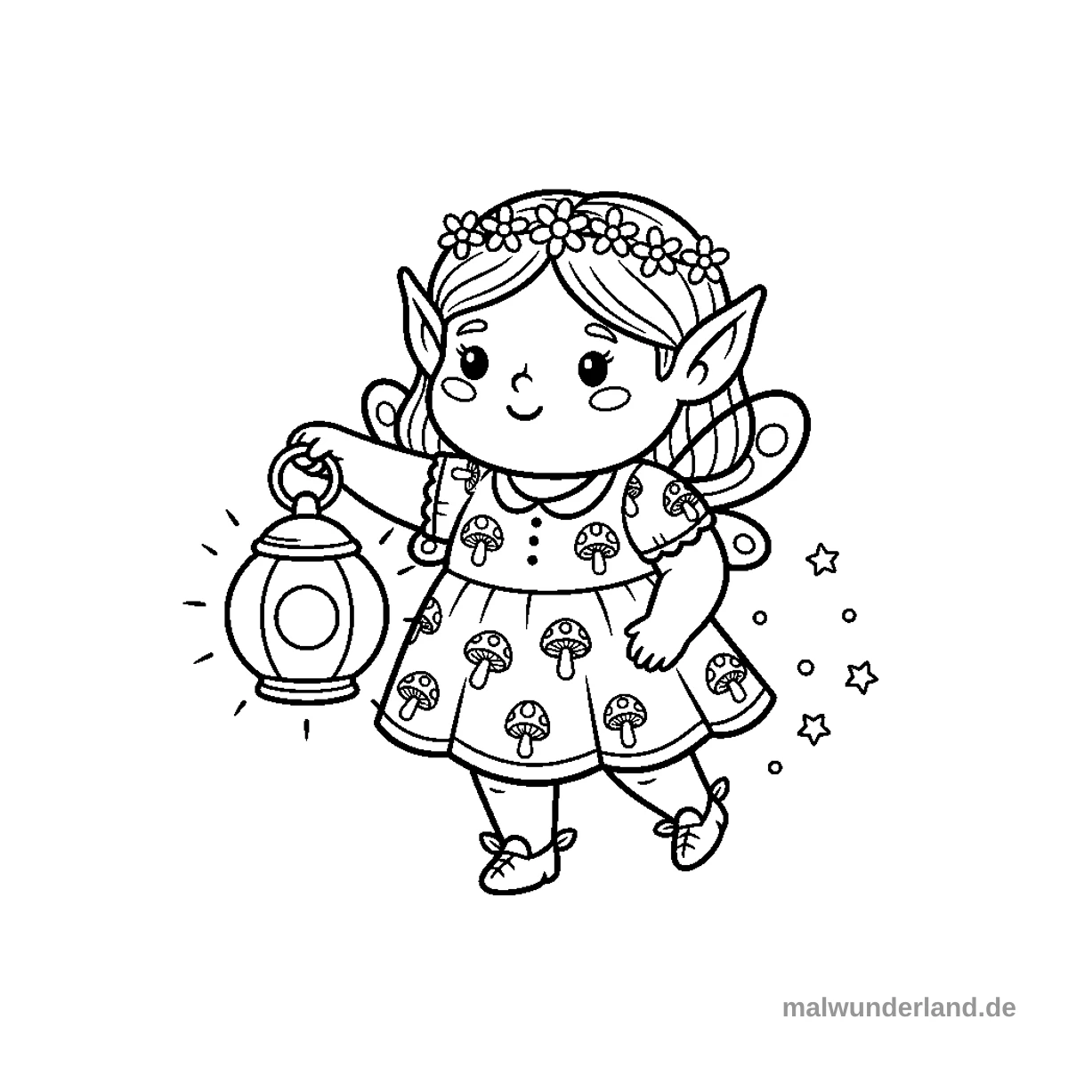 Eine Elfe trägt eine leuchtende Laterne durch den dunklen Wald.