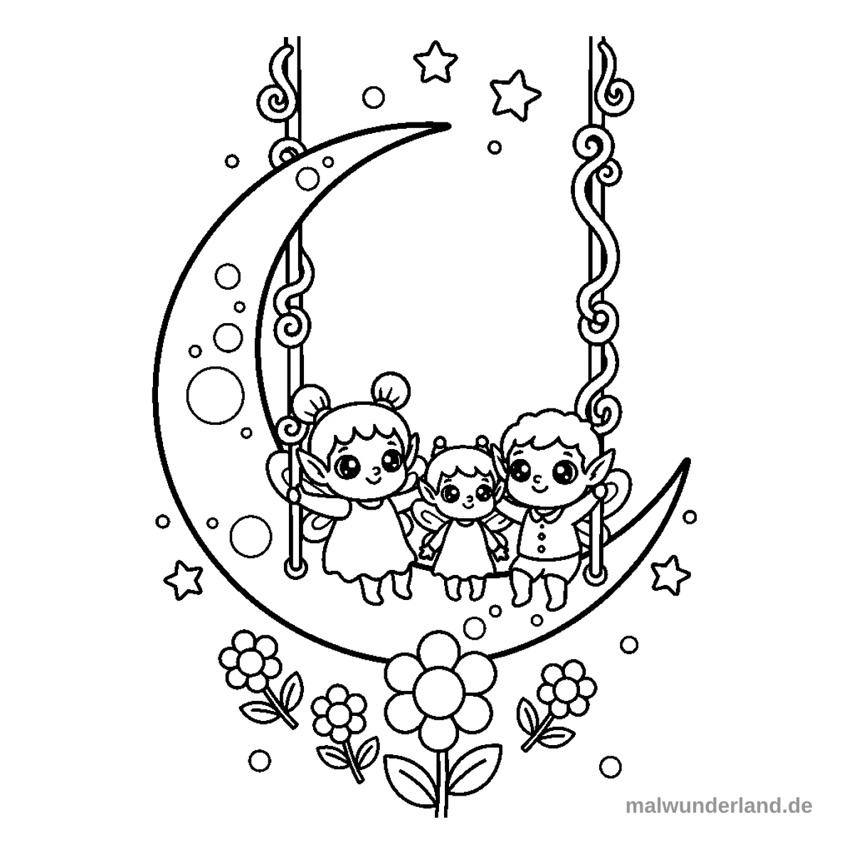 Zwei Elfen schaukeln auf einer Mondschaukel hoch oben am Himmel.