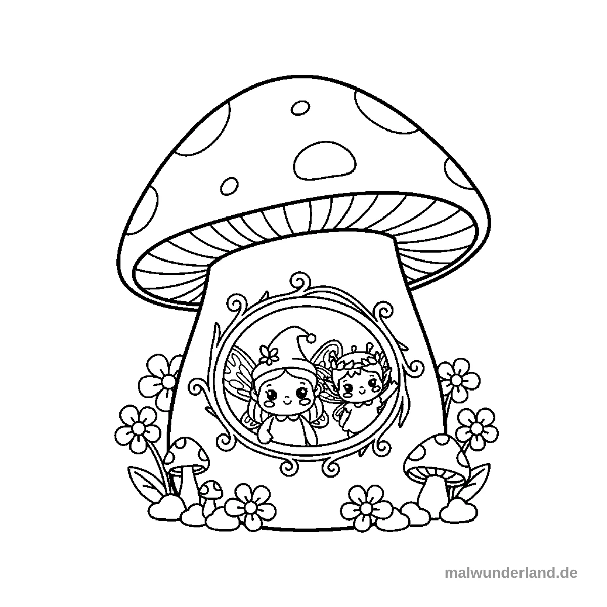 Eine Fee schaut aus dem Fenster eines Pilzhauses.