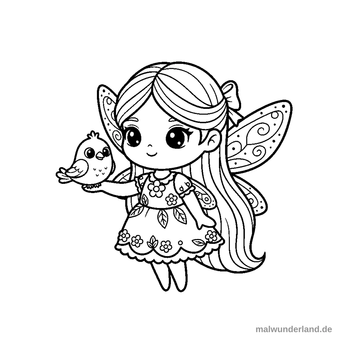 Eine Fee hat einen kleinen Vogel auf der Hand.