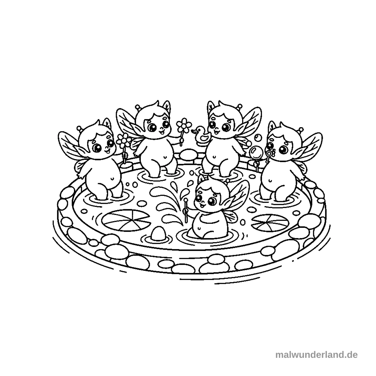 Zwei Feen baden fröhlich in einem Teich voller Seerosen.