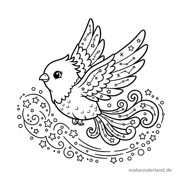 Feuervogel im Flug durch Sternenstaub - Kostenloses Ausmalbild zum Ausdrucken