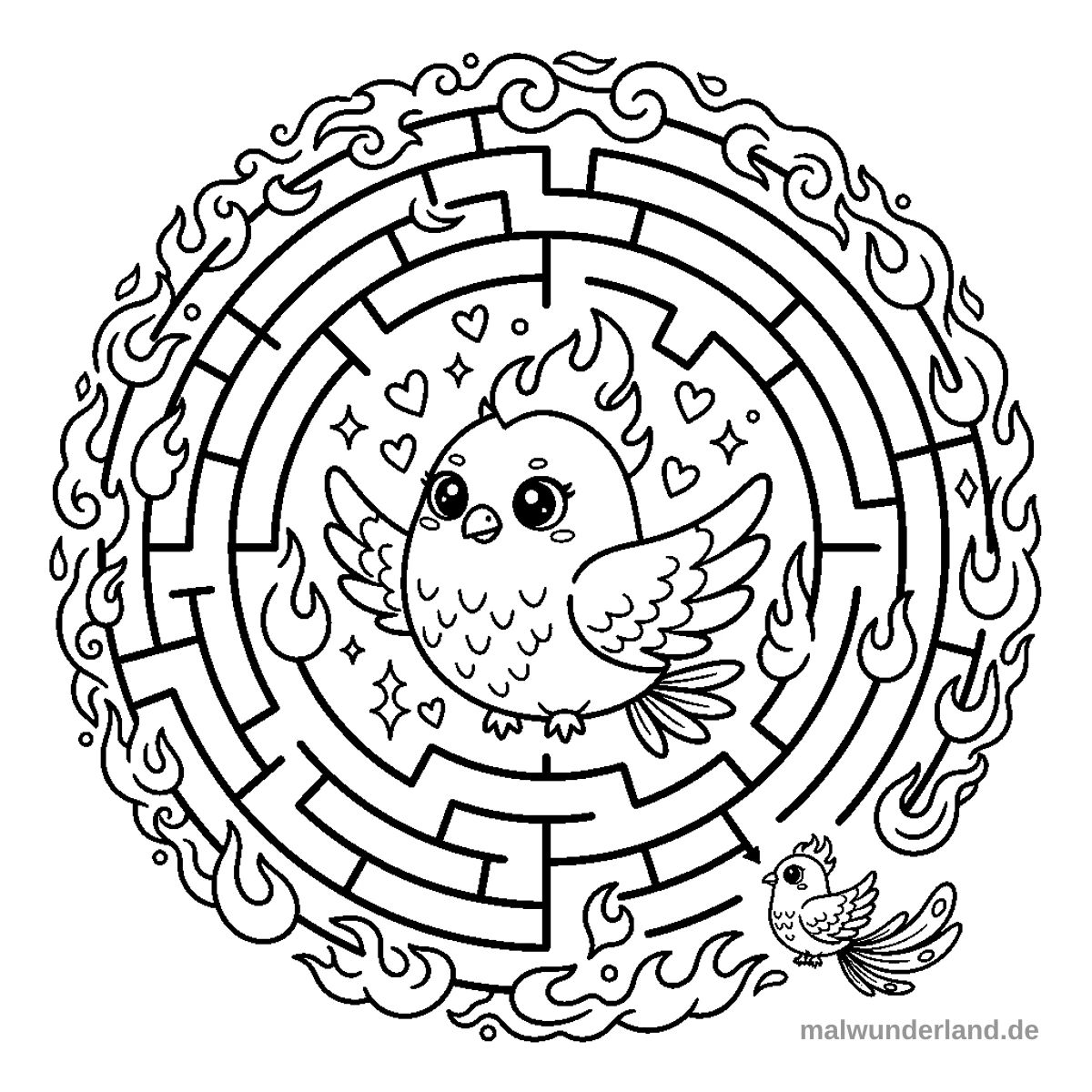 Feuervogel-Labyrinth - Kostenloses Ausmalbild zum Ausdrucken