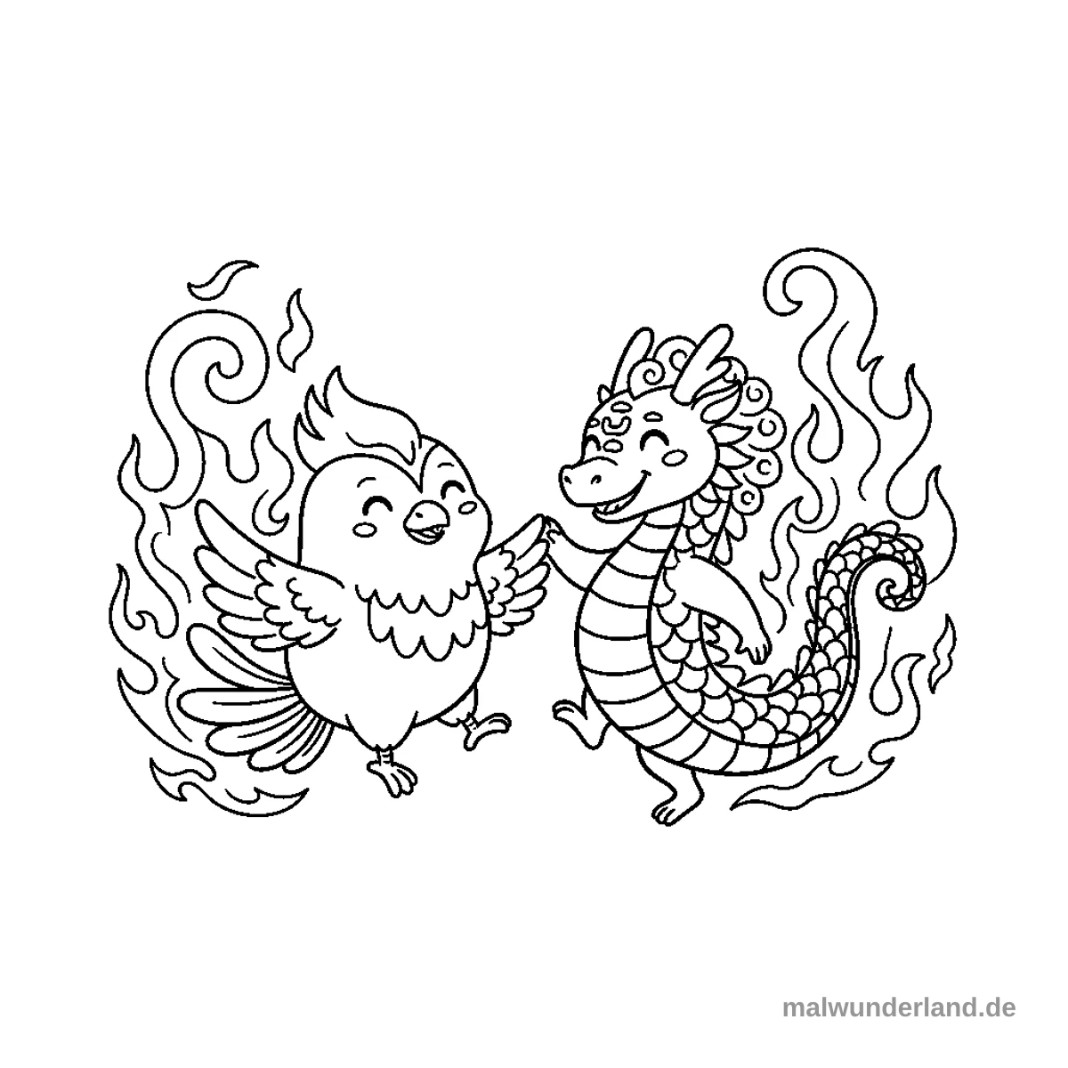 Feuervogel und der Drachentanz - Kostenloses Ausmalbild zum Ausdrucken