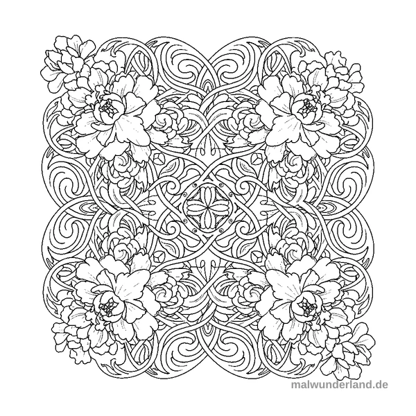 Päonien-Gitter - Kostenloses Ausmalbild zum Ausdrucken