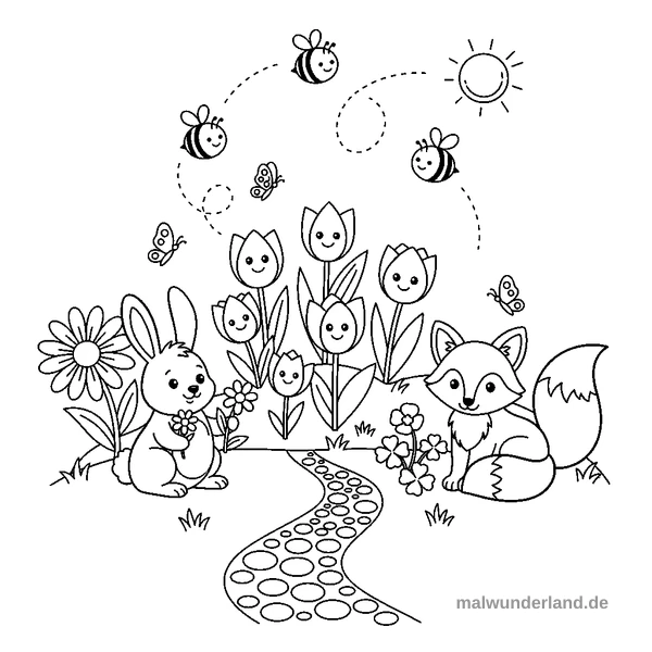 Bienen und Tulpen - Kostenloses Ausmalbild zum Ausdrucken