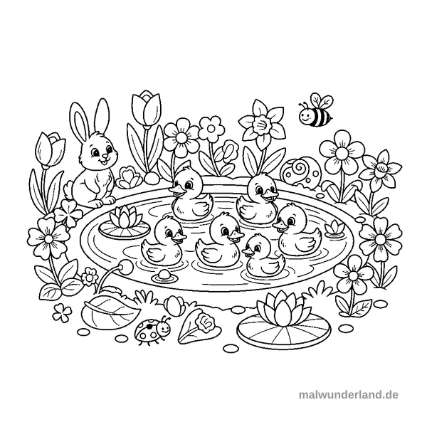 Entchen im Teich - Kostenloses Ausmalbild zum Ausdrucken