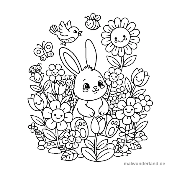 Häschen im Blumenbeet - Kostenloses Ausmalbild zum Ausdrucken