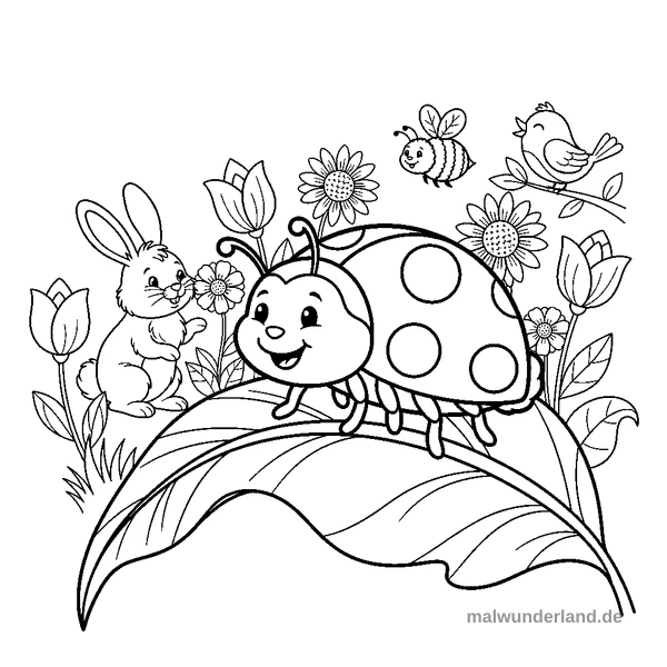Marienkäfer auf einem Blatt - Kostenloses Ausmalbild zum Ausdrucken
