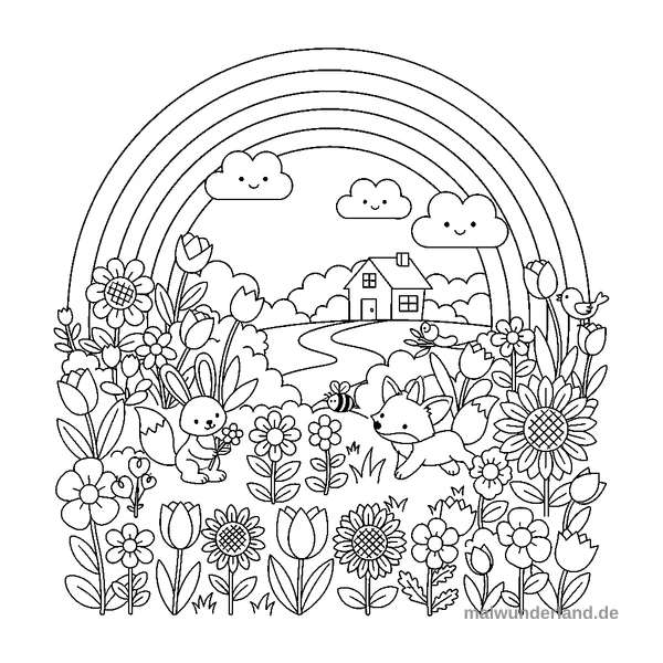 Regenbogen über dem Garten - Kostenloses Ausmalbild zum Ausdrucken
