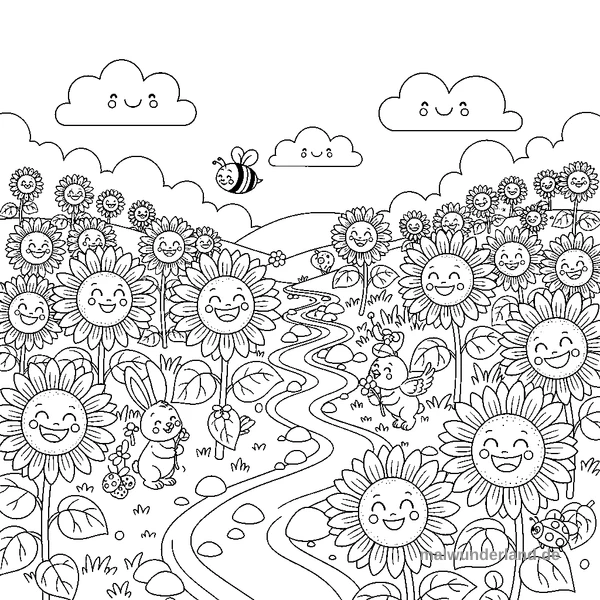Sonnenblumen-Feld - Kostenloses Ausmalbild zum Ausdrucken