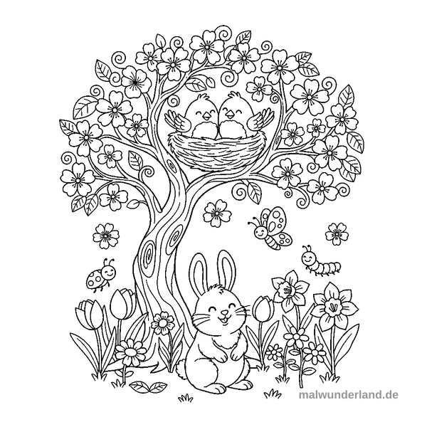 Vögel im Kirschbaum - Kostenloses Ausmalbild zum Ausdrucken