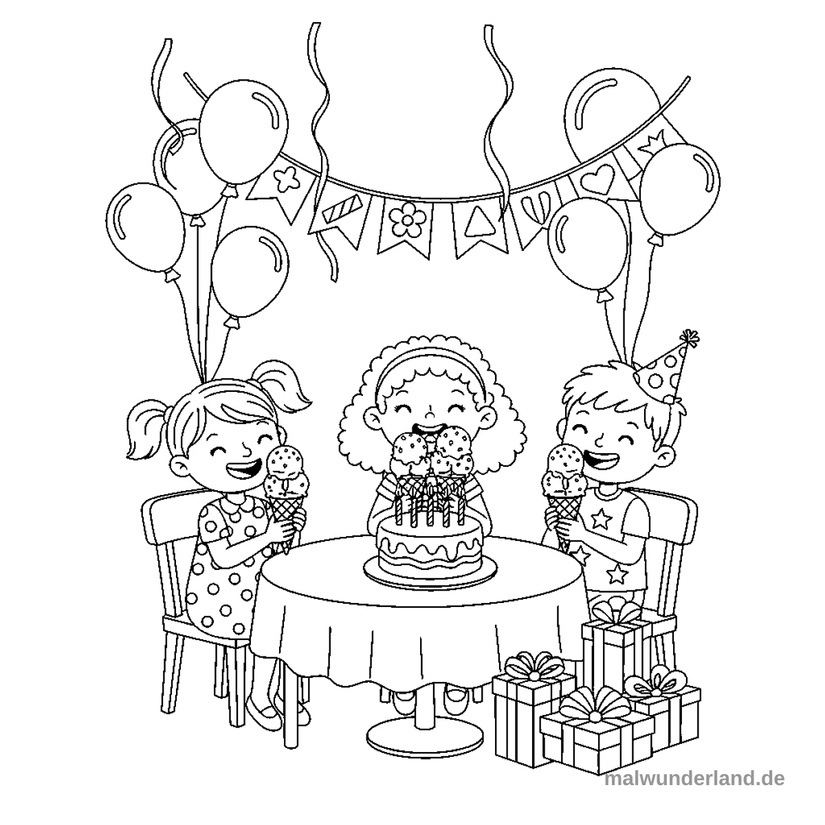 Das Ausmalbild zeigt drei fröhliche Kinder, die an einem runden Tisch sitzen und Eiscreme essen. In der Mitte des Tisches steht ein Geburtstagskuchen mit mehreren Kerzen, während um sie herum Geschenke, Luftballons und eine festliche Wimpelkette die Szene schmücken.