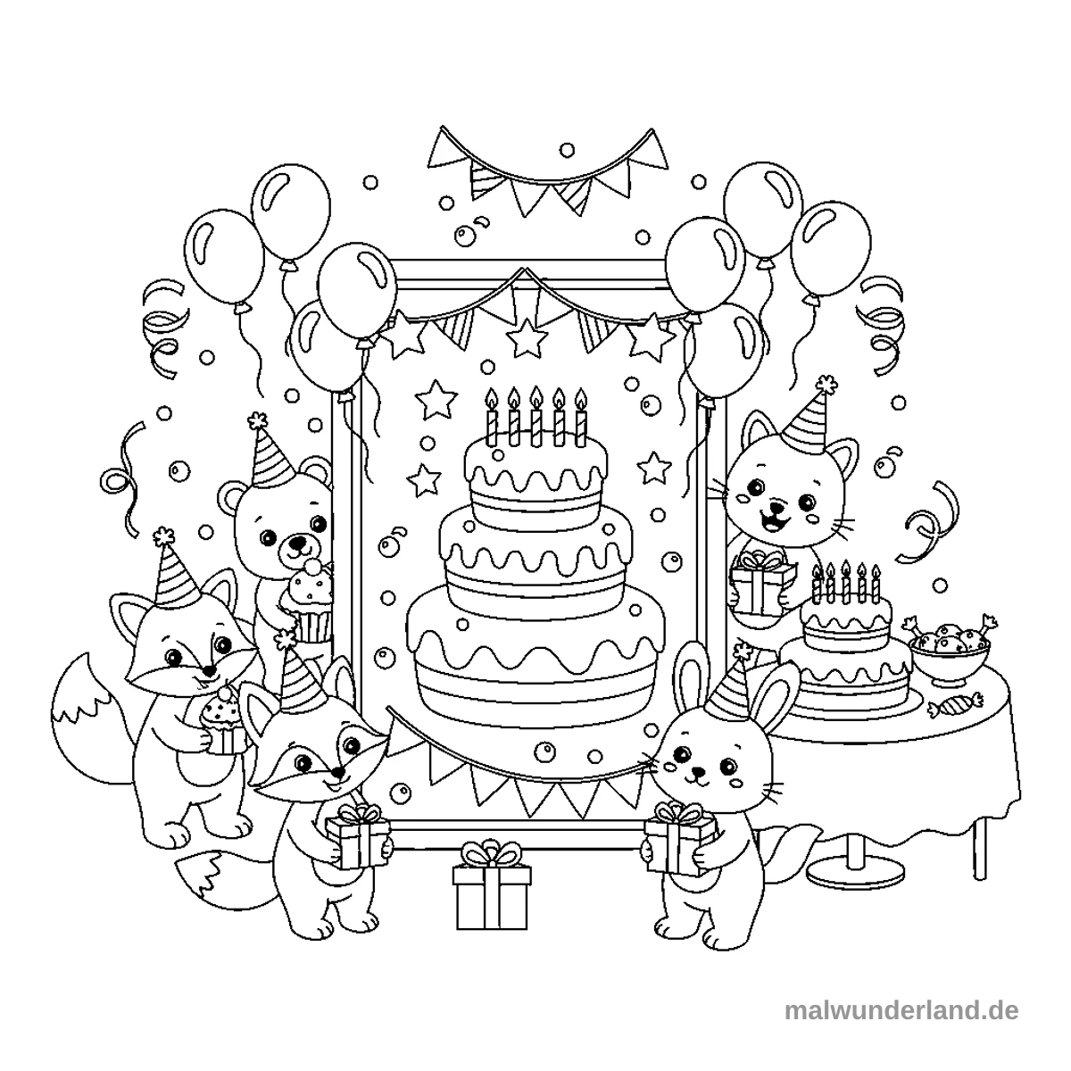 Das Ausmalbild zeigt eine fröhliche Geburtstagsszene mit mehreren Tieren, die Partyhüte tragen. Im Zentrum steht ein großer, mehrstöckiger Kuchen mit Kerzen, umgeben von Ballons, Geschenken und weiteren Leckereien.