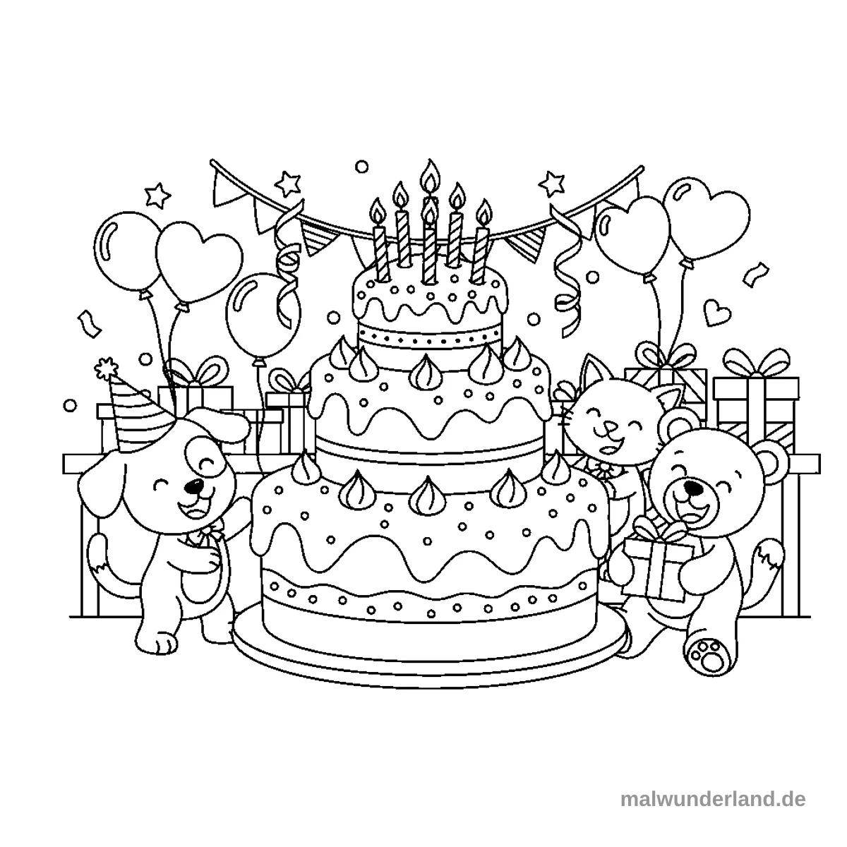 Geburtstagskuchen mit Kerzen - Kostenloses Ausmalbild zum Ausdrucken