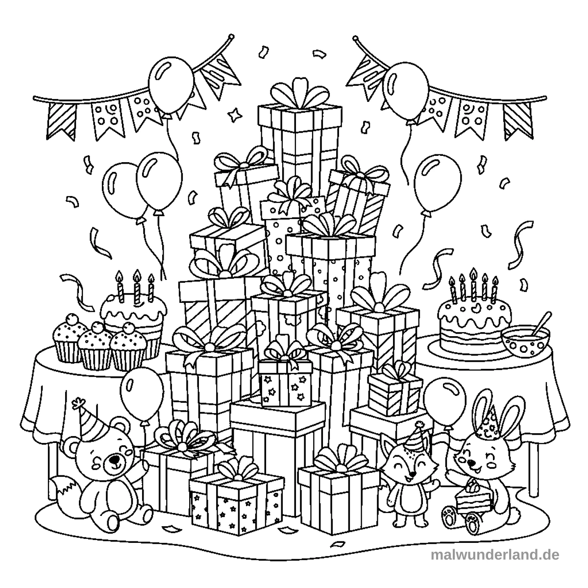 Das Bild zeigt eine fröhliche Geburtstagsparty-Szene mit einem riesigen Stapel von Geschenkpaketen in der Mitte. Links sind ein Teddybär und ein Tisch mit Cupcakes und einer Torte zu sehen, rechts ein Fuchs, ein Hase und ein Tisch mit einer weiteren Torte.