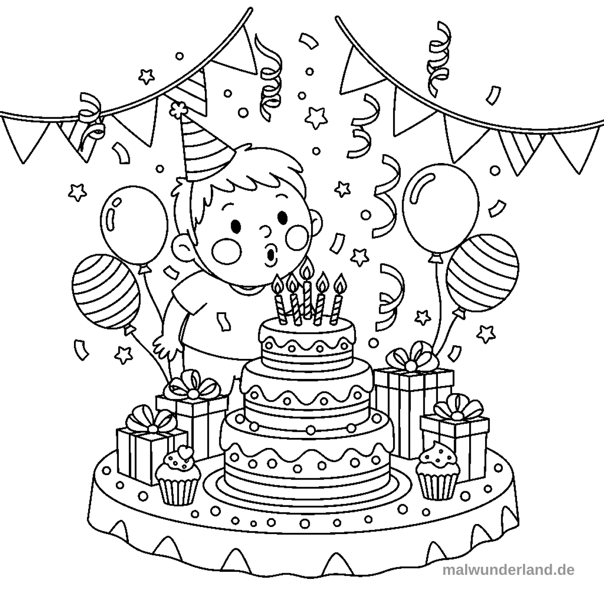 Ein Junge mit Partyhut pustet die fünf brennenden Kerzen auf einem großen dreistöckigen Geburtstagskuchen aus. Der Tisch ist mit Geschenken und Cupcakes gedeckt, während im Hintergrund Luftballons, Girlanden, Konfetti und Sterne die festliche Szene schmücken.
