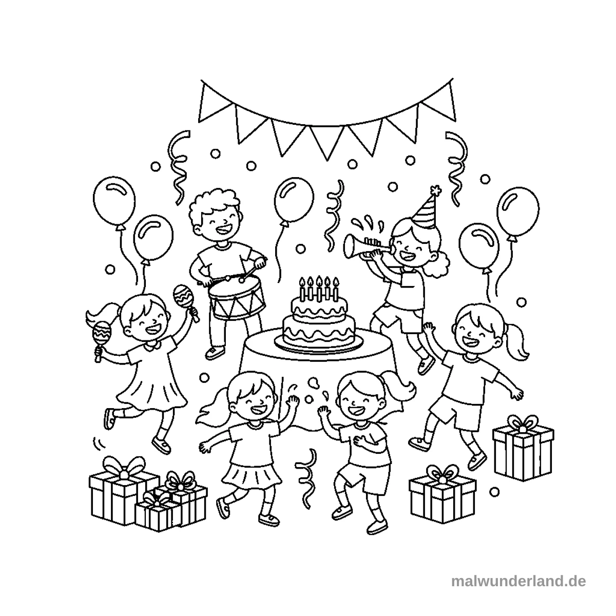 Das Ausmalbild zeigt eine fröhliche Geburtstagsparty, auf der sechs Kinder spielen, tanzen und Musik machen. In der Mitte steht ein Tisch mit einem Geburtstagskuchen und Kerzen, umgeben von Luftballons, Geschenken und Konfetti.