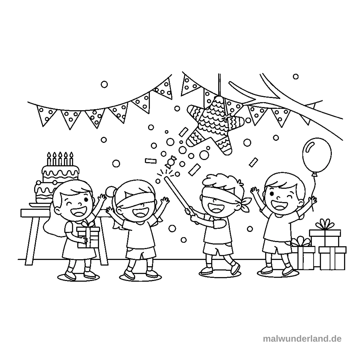 Das Ausmalbild zeigt vier Kinder, die fröhlich auf einer Geburtstagsparty feiern und das Piñata-Spiel spielen. Ein blind-gefesseltes Kind schlägt eine sternförmige Piñata, aus der Konfetti und Süßigkeiten fallen, während die anderen Kinder jubeln.
