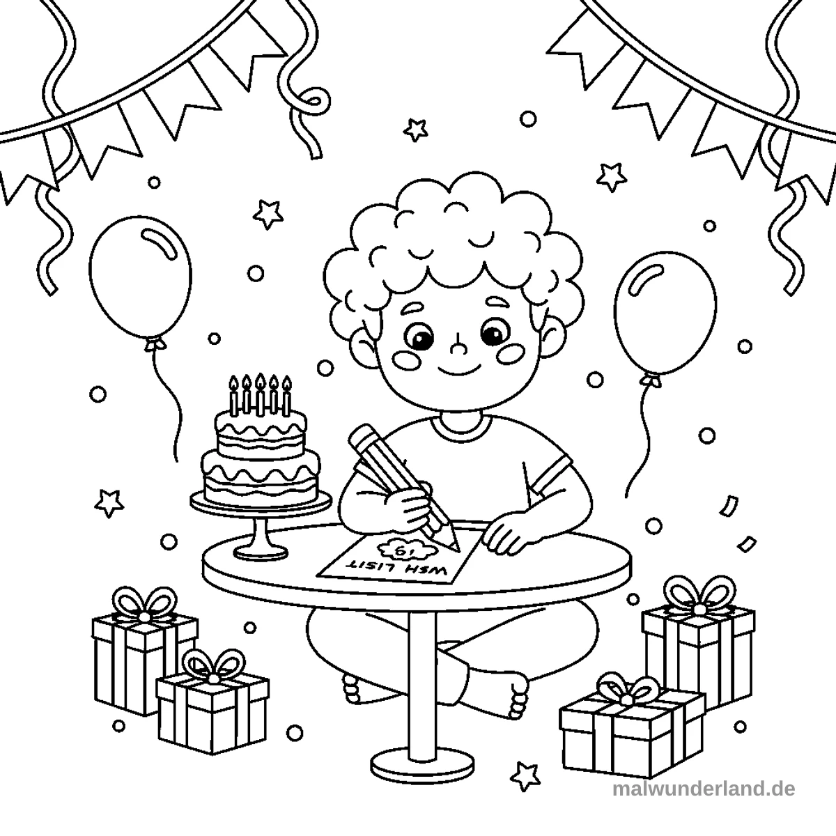 Das Ausmalbild zeigt einen Jungen mit lockigem Haar, der an einem runden Tisch sitzt und mit einem Bleistift eine Wunschliste schreibt. Um ihn herum befinden sich festliche Elemente wie eine Geburtstagstorte mit Kerzen, Luftballons, verpackte Geschenke sowie Girlanden und verstreute Sterne.