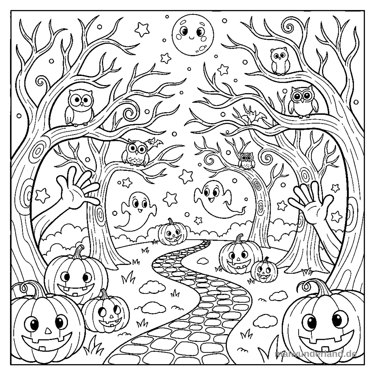 Gruseliger Waldpfad - Kostenloses Ausmalbild zum Ausdrucken