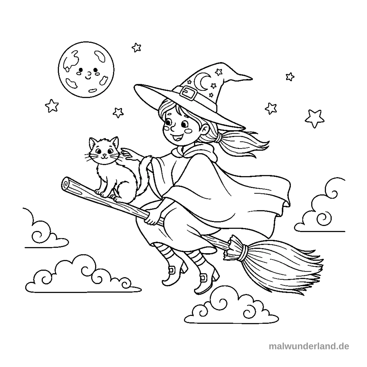 Hexe auf Besen - Kostenloses Ausmalbild zum Ausdrucken