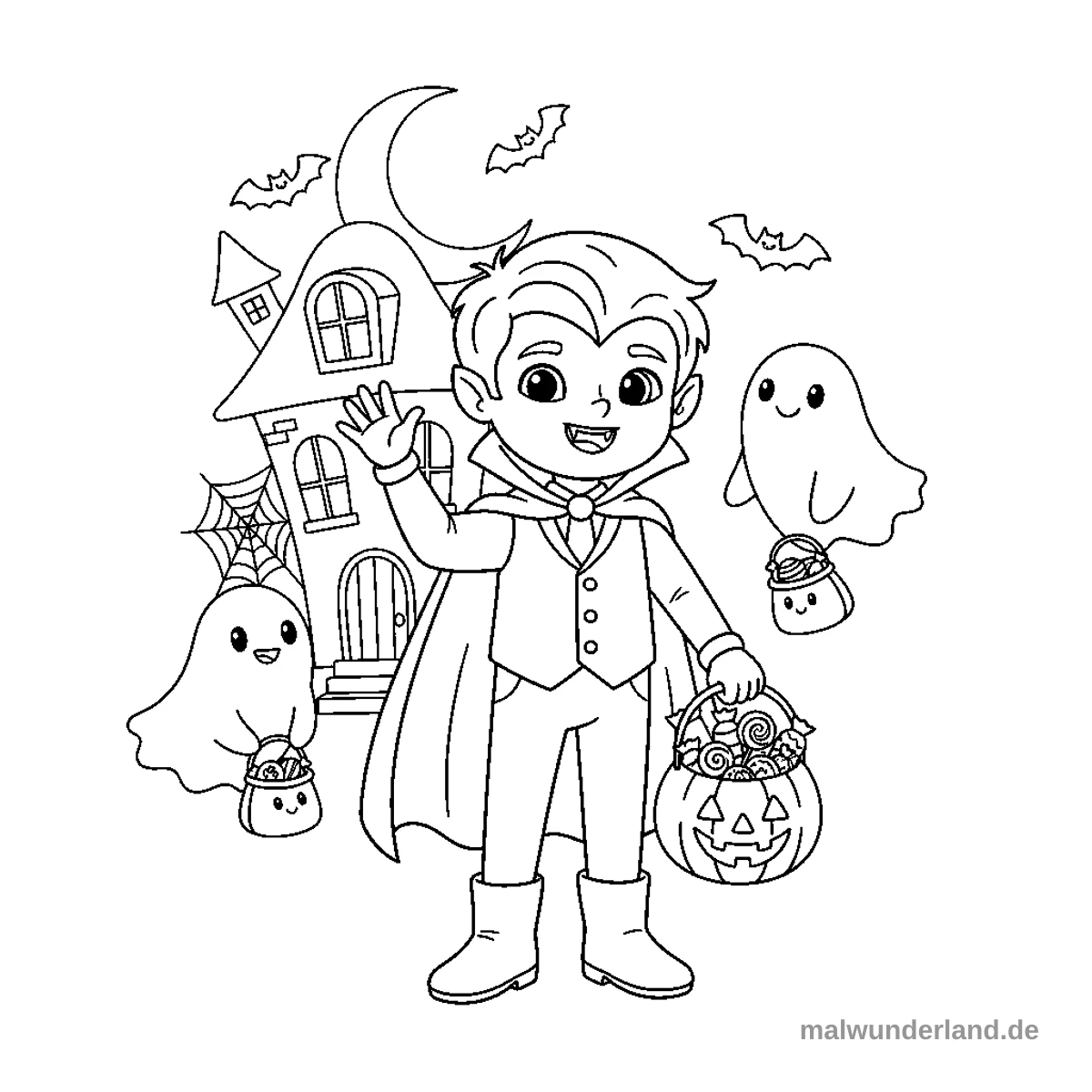 Vampir beim Süßigkeiten sammeln - Kostenloses Ausmalbild zum Ausdrucken