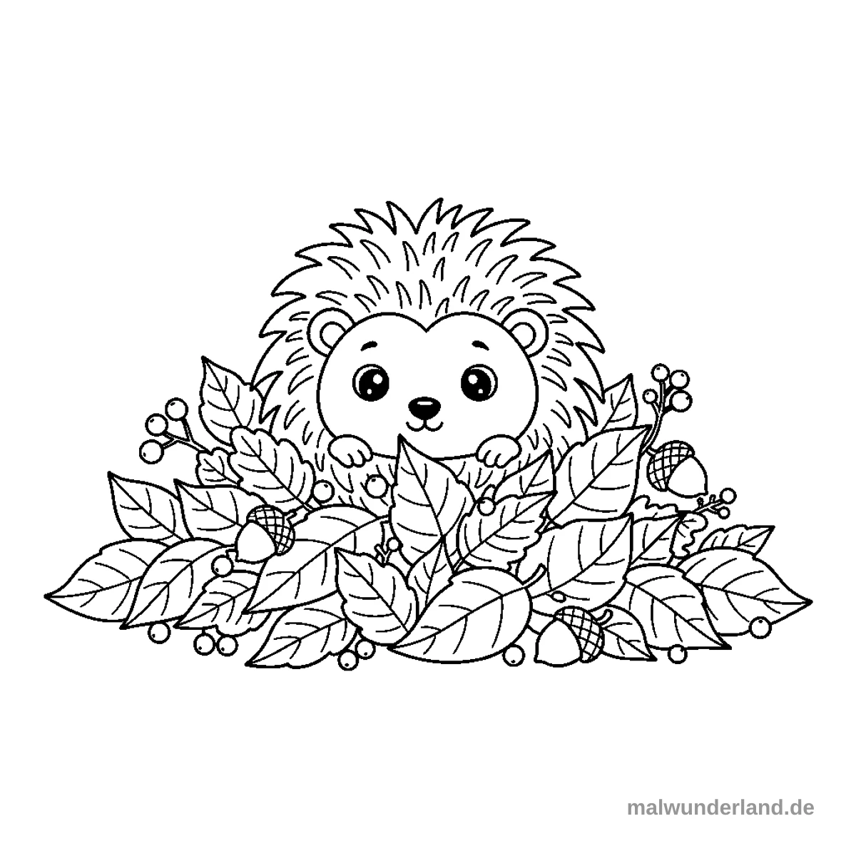 Igel im Blätterhaufen - Kostenloses Ausmalbild zum Ausdrucken