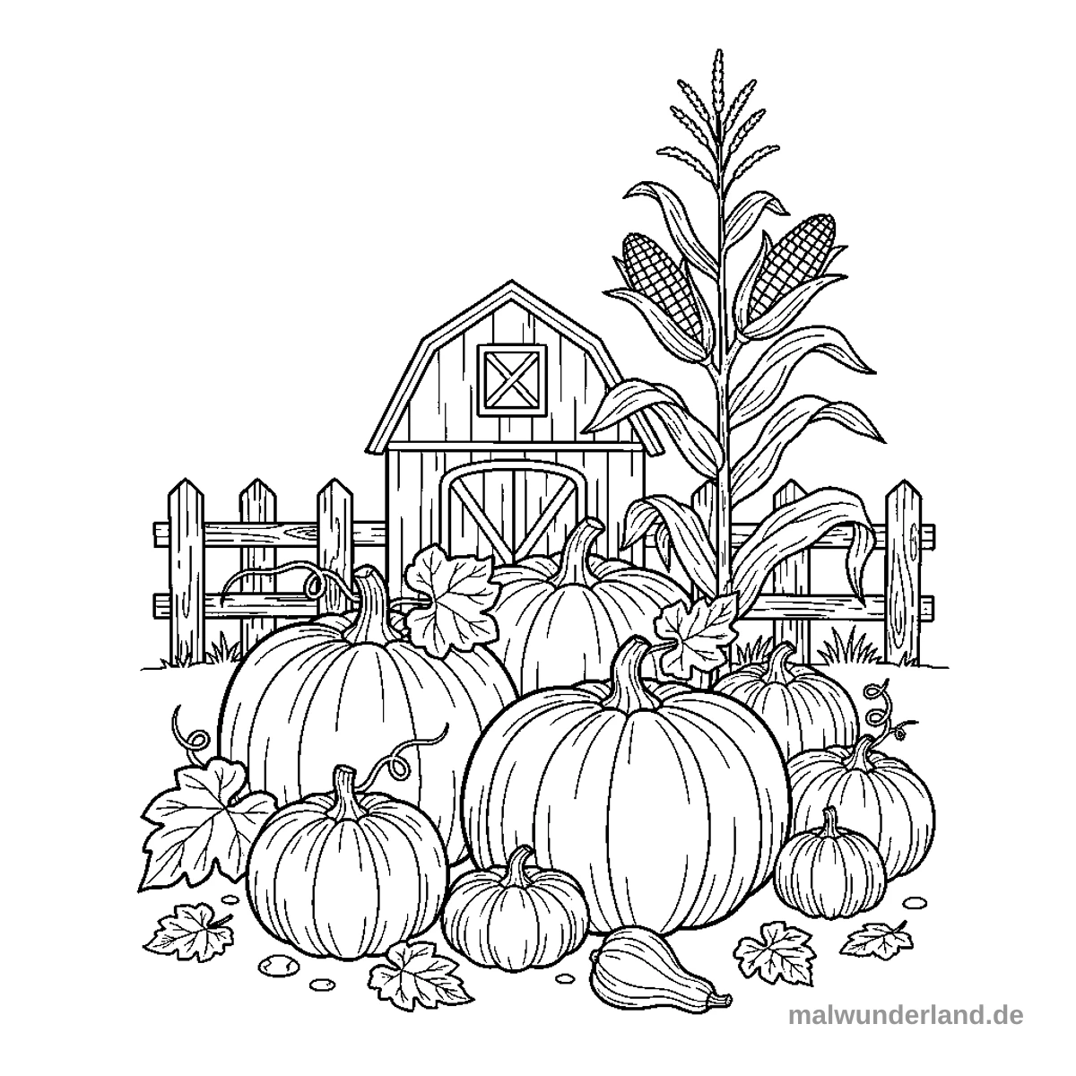 Das Ausmalbild zeigt eine idyllische Herbstszene mit einer großen Ansammlung von Kürbissen und einem Birnenkürbis im Vordergrund. Im Hintergrund sind ein klassisches Bauernhaus mit Scheunentor, ein Holzzaun und ein hoher Maiskolben mit zwei Maiskolben zu sehen.