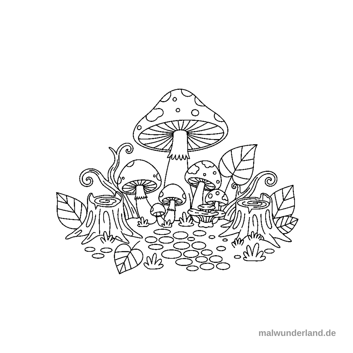 Pilze im Wald - Kostenloses Ausmalbild zum Ausdrucken